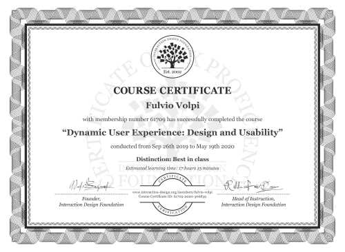 Fulvio Volpi’s Course Certificate: Dynamic User Experience: Design and Usability