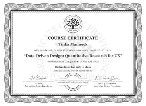 Tinka Manneck’s Course Certificate: Data-Driven Design: Quantitative Research for UX