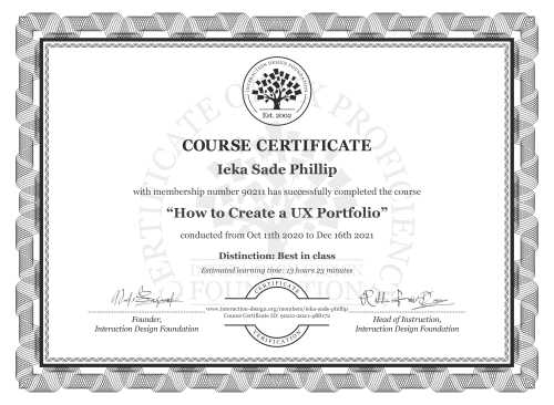 Ieka Sade Phillip’s Course Certificate: How to Create a UX Portfolio