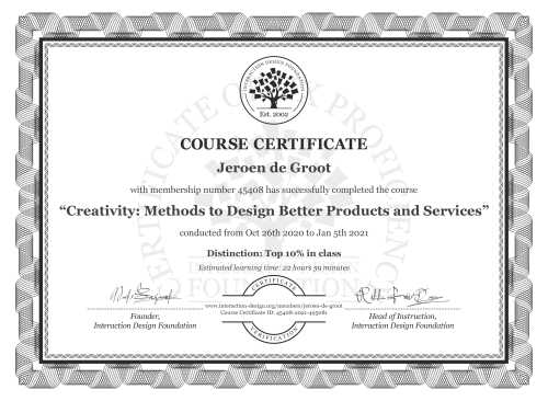 Jeroen de Groot’s Course Certificate: Creativity: Methods to Design Better Products and Services