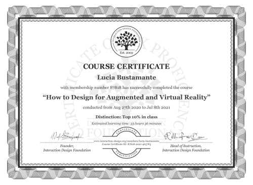 Lucía Bustamante’s Course Certificate: How to Design for Augmented and Virtual Reality