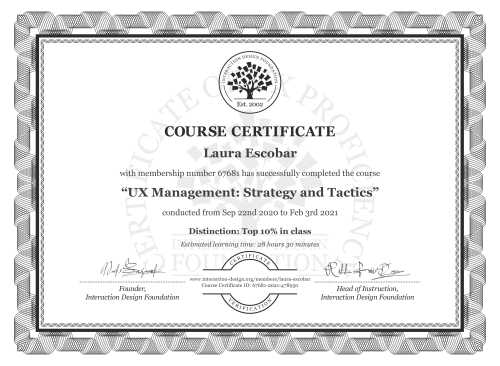 Laura Escobar’s Course Certificate: UX Management: Strategy and Tactics