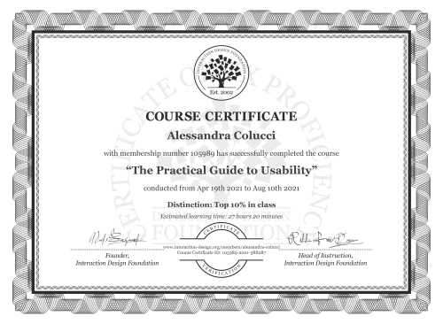 Alessandra Colucci’s Course Certificate: The Practical Guide to Usability