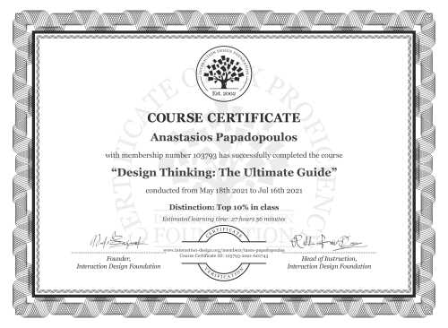 Anastasios Papadopoulos’s Course Certificate: Design Thinking: The Ultimate Guide