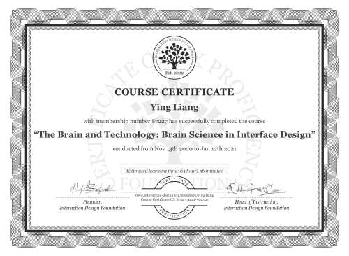 Ying Liang’s Course Certificate: The Brain and Technology: Brain Science in Interface Design