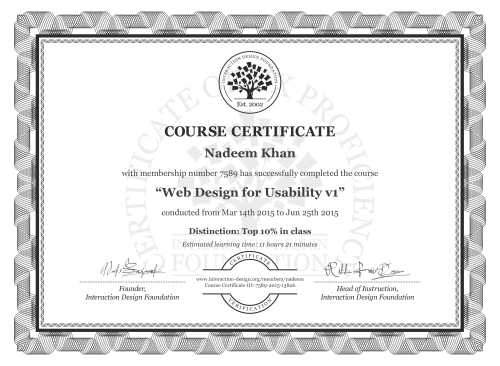 Nadeem Khan’s Course Certificate: Web Design for Usability v1