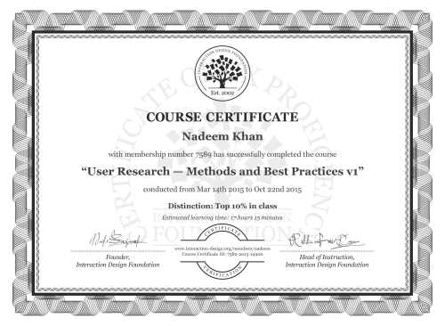 Nadeem Khan’s Course Certificate: User Research — Methods and Best Practices v1