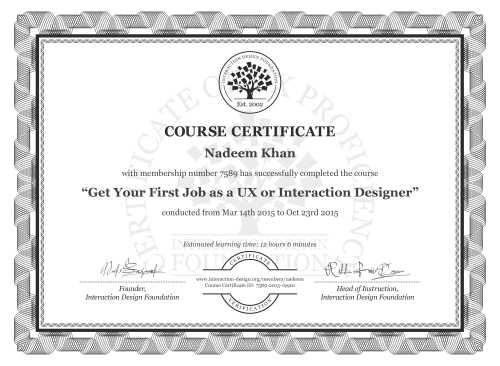 Nadeem Khan’s Course Certificate: Get Your First Job as a UX or Interaction Designer