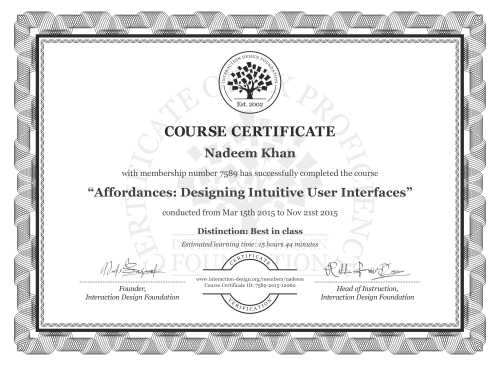 Nadeem Khan’s Course Certificate: Affordances: Designing Intuitive User Interfaces