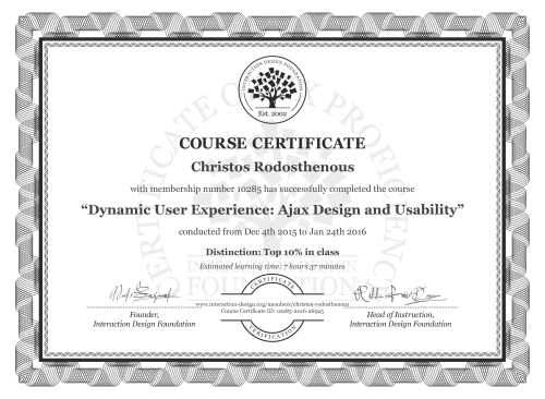 Christos Rodosthenous’s Course Certificate: Dynamic User Experience: Ajax Design and Usability