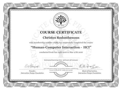 Christos Rodosthenous’s Course Certificate: Human-Computer Interaction -  HCI