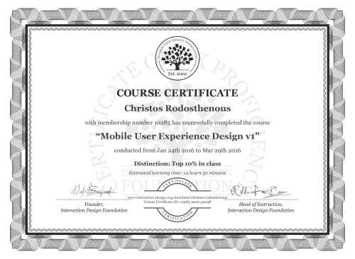 Christos Rodosthenous’s Course Certificate: Mobile User Experience Design v1