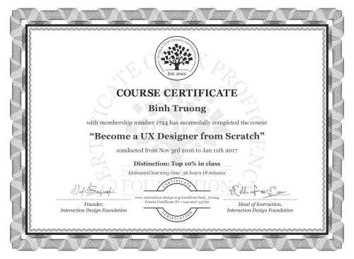 Binh Truong’s Course Certificate: Become a UX Designer from Scratch