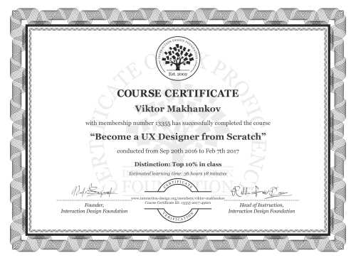 Viktor Makhankov’s Course Certificate: Become a UX Designer from Scratch