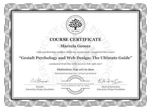 Marcela Gómez’s Course Certificate: Gestalt Psychology and Web Design: The Ultimate Guide