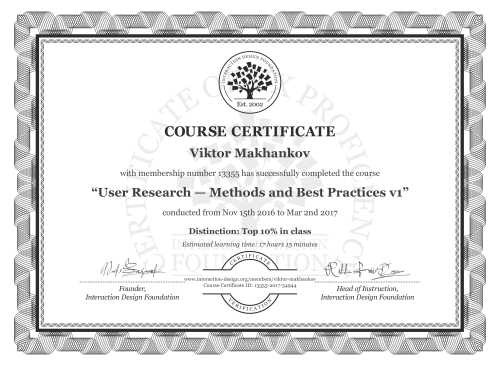 Viktor Makhankov’s Course Certificate: User Research — Methods and Best Practices v1