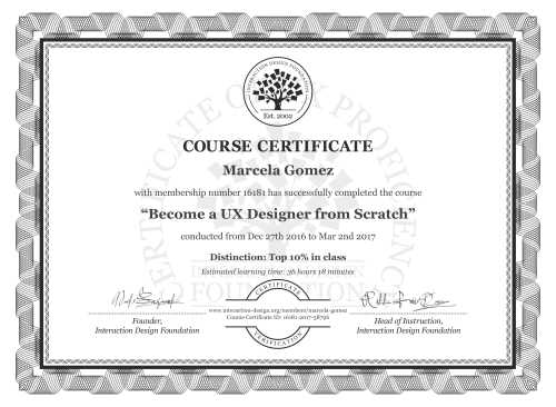 Marcela Gómez’s Course Certificate: Become a UX Designer from Scratch