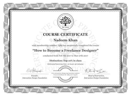 Nadeem Khan’s Course Certificate: How to Become a Freelance Designer