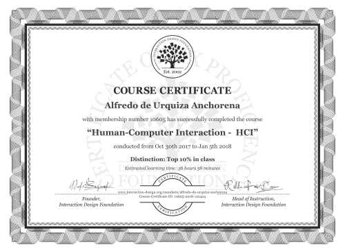 Alfredo de Urquiza Anchorena’s Course Certificate: Human-Computer Interaction -  HCI