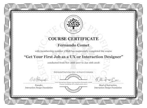 Fernando Comet’s Course Certificate: Get Your First Job as a UX or Interaction Designer