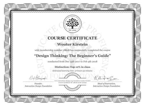 Wouter Kirstein’s Course Certificate: Design Thinking: The Beginner’s Guide