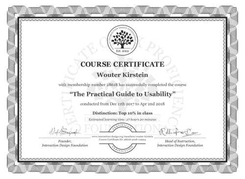 Wouter Kirstein’s Course Certificate: The Practical Guide to Usability