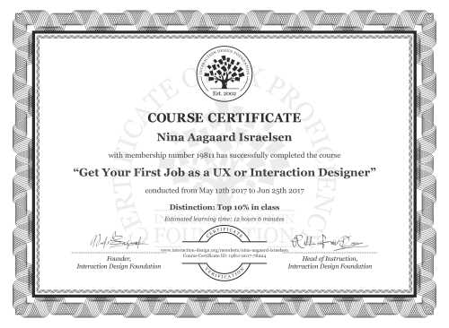 Nina Aagaard Israelsen’s Course Certificate: Get Your First Job as a UX or Interaction Designer