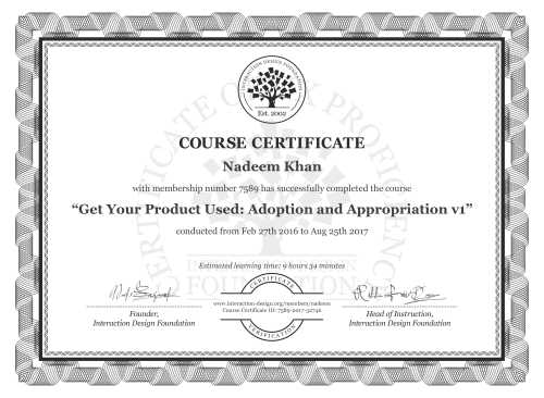 Nadeem Khan’s Course Certificate: Get Your Product Used: Adoption and Appropriation v1