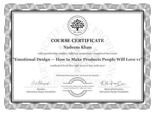 Nadeem Khan’s Course Certificate: Emotional Design — How to Make Products People Will Love v1