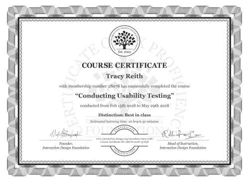Tracy Reith’s Course Certificate: Conducting Usability Testing