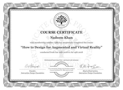 Nadeem Khan’s Course Certificate: How to Design for Augmented and Virtual Reality