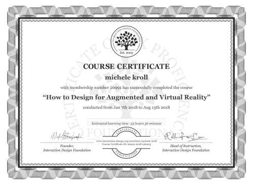 michele kroll’s Course Certificate: How to Design for Augmented and Virtual Reality