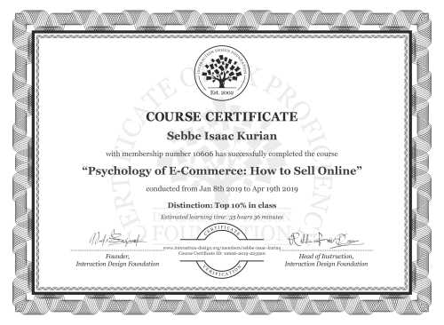 Sebbe Isaac Kurian’s Course Certificate: Psychology of E-Commerce: How to Sell Online