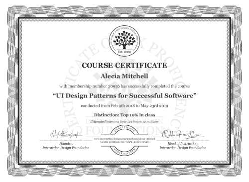 Alecia Mitchell’s Course Certificate: UI Design Patterns for Successful Software
