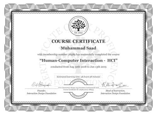 Muhammad Saad’s Course Certificate: Human-Computer Interaction -  HCI