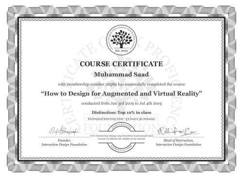 Muhammad Saad’s Course Certificate: How to Design for Augmented and Virtual Reality