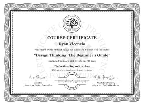 Ryan Vicencio’s Course Certificate: Design Thinking: The Beginner’s Guide