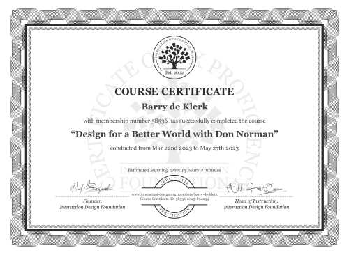 Barry de Klerk’s Course Certificate: Design for a Better World with Don Norman