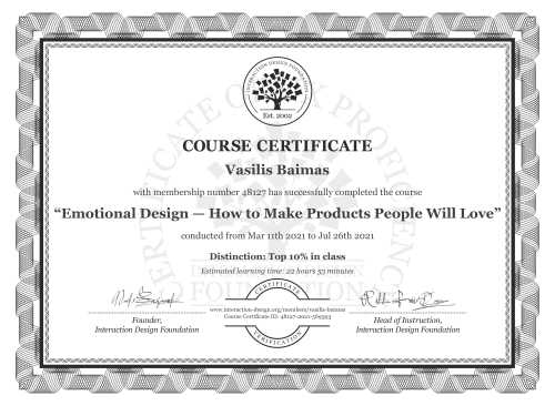 Vasilis Baimas’s Course Certificate: Emotional Design — How to Make Products People Will Love