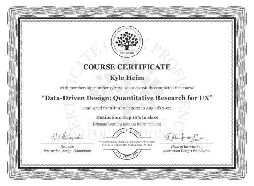 Kyle Heim’s Course Certificate: Data-Driven Design: Quantitative Research for UX