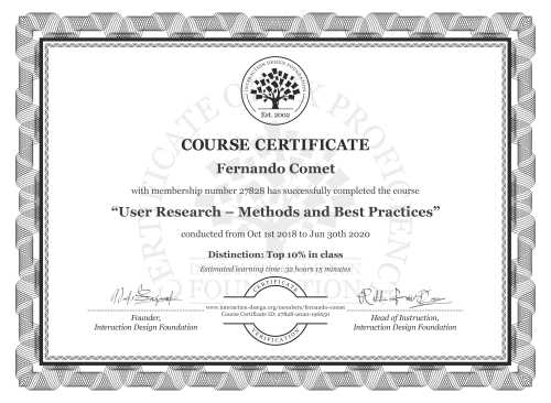 Fernando Comet’s Course Certificate: User Research – Methods and Best Practices