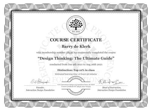 Barry de Klerk’s Course Certificate: Design Thinking: The Ultimate Guide