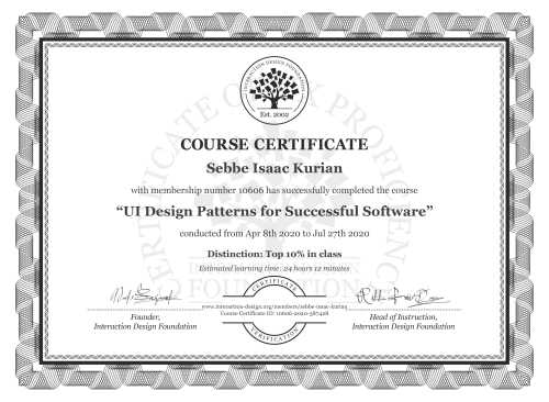 Sebbe Isaac Kurian’s Course Certificate: UI Design Patterns for Successful Software