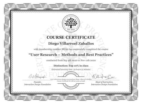 Diego Villarroel Zaballos’s Course Certificate: User Research – Methods and Best Practices