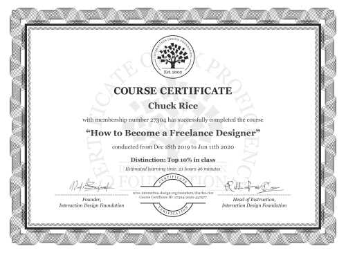 Chuck Rice’s Course Certificate: How to Become a Freelance Designer