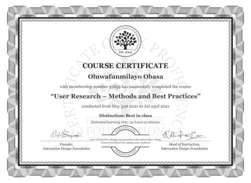 Oluwafunmilayo Obasa’s Course Certificate: User Research – Methods and Best Practices