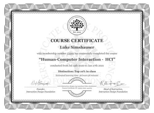 Luke Simshauser’s Course Certificate: Human-Computer Interaction -  HCI