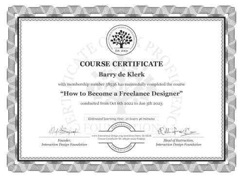 Barry de Klerk’s Course Certificate: How to Become a Freelance Designer