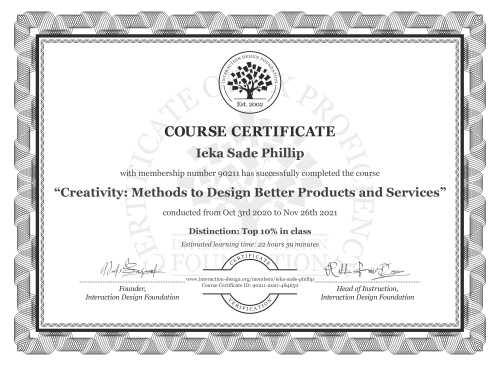 Ieka Sade Phillip’s Course Certificate: Creativity: Methods to Design Better Products and Services