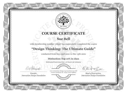 Sue Bell’s Course Certificate: Design Thinking: The Ultimate Guide